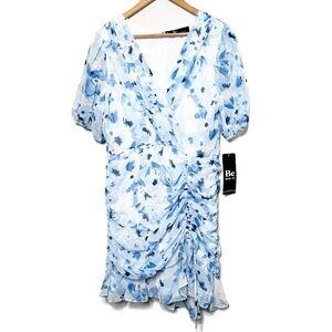 NWT Be By Chetta B Blue Floral Ruched V Neck Short Sleeve Mini Dress NWT